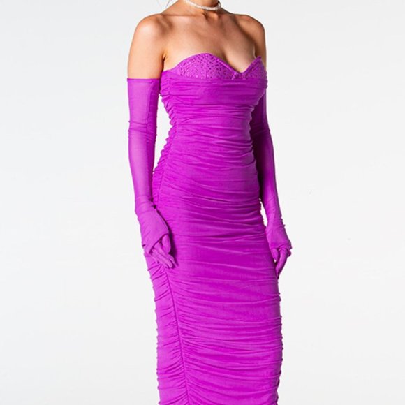 Rhinestone Trim Sweetheart Neck Slit Ruched Dress